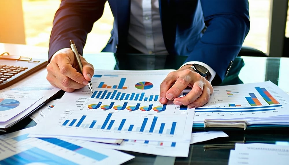 Financial consultant analyzing business reports for clients Financial consultant analyzing business reports for clients